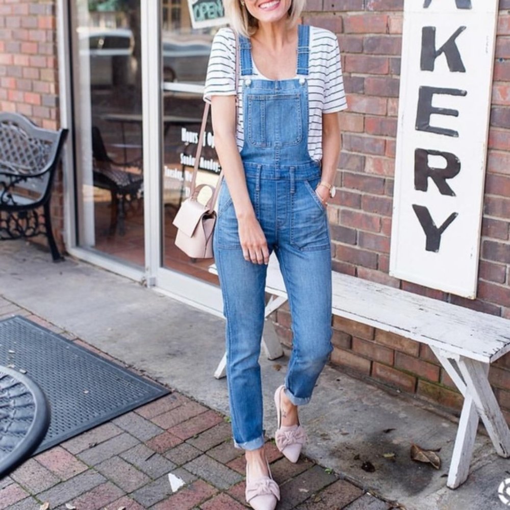Madewell Blue Denim Overalls Jumpsuit with Striped Tee Kemp Wash